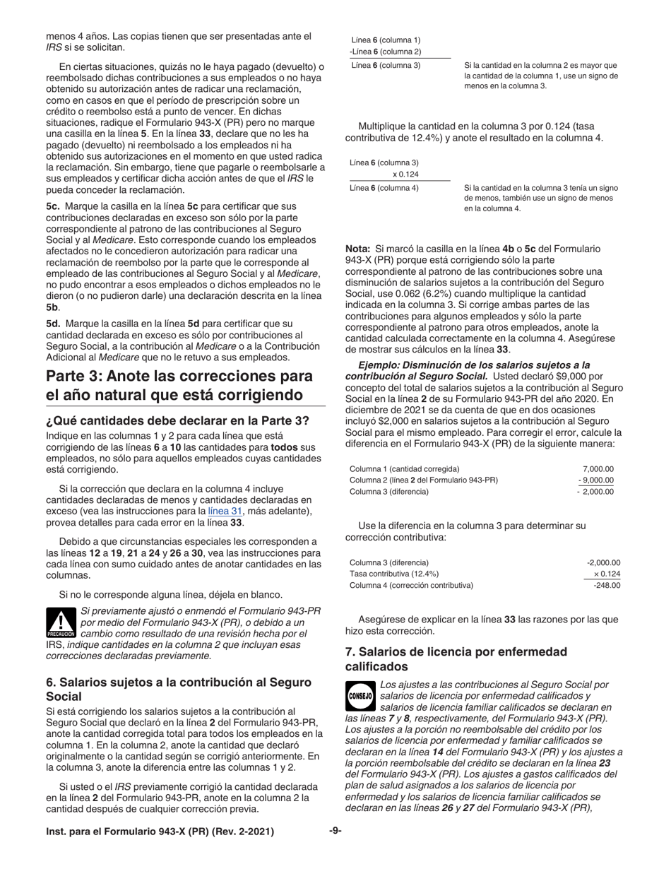 Instrucciones para IRS Formulario 943-X (PR) Ajuste a La Declaracion Federal Anual Del Patrono De Empleados Agricolas O Reclamacion De Reembolso (Puerto Rican Spanish), Page 9