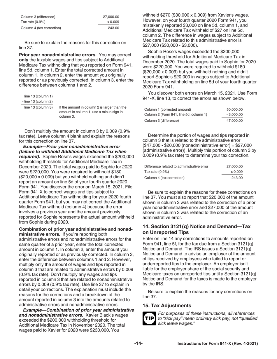 Instructions for IRS Form 941-X Adjusted Employers Quarterly Federal Tax Return or Claim for Refund, Page 14