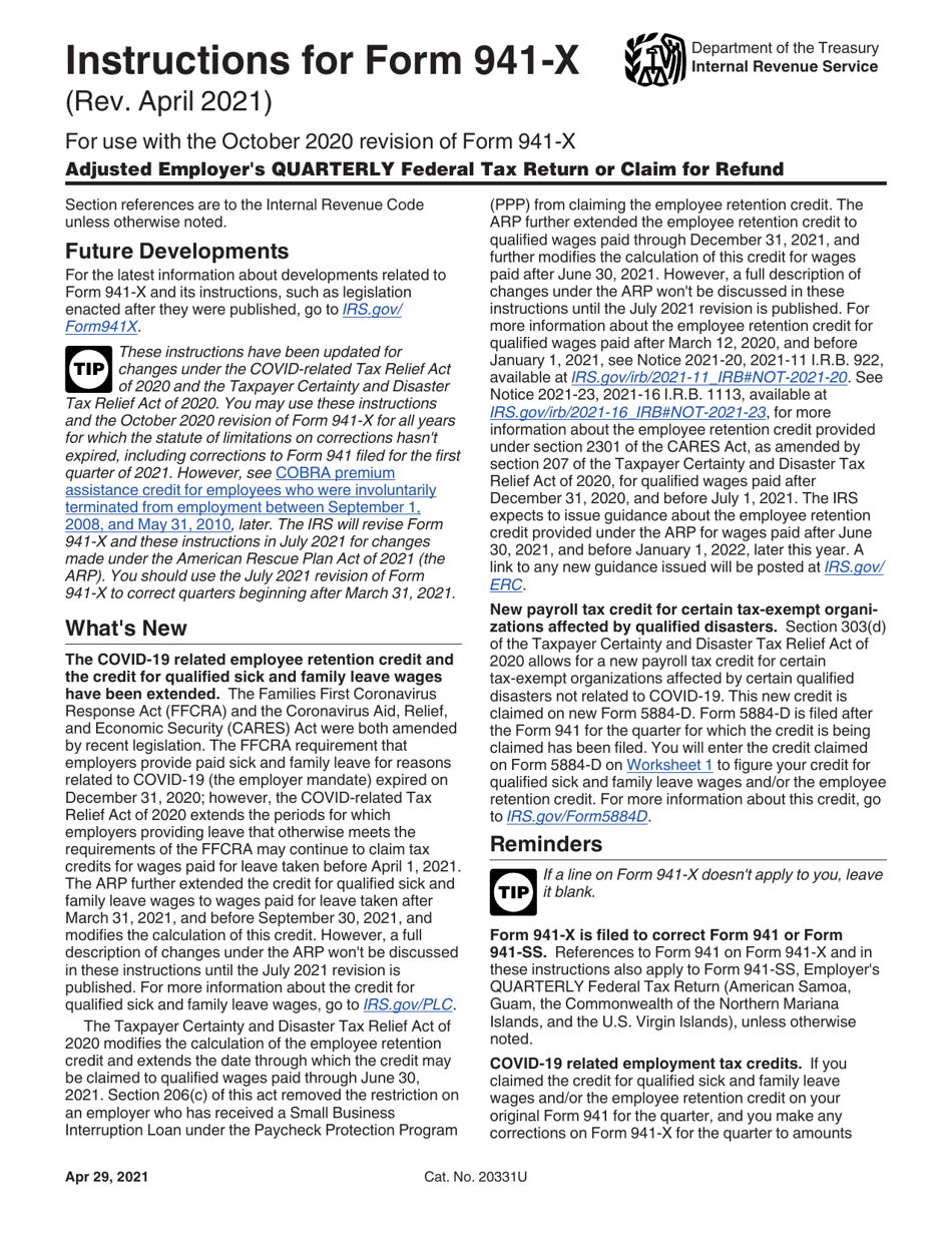 Instructions for IRS Form 941-X Adjusted Employers Quarterly Federal Tax Return or Claim for Refund, Page 1