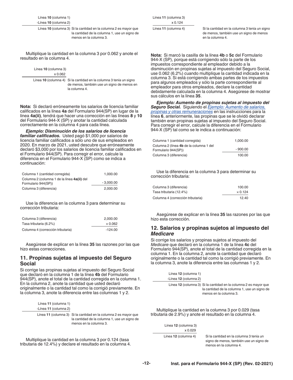 Instrucciones para IRS Formulario 944-X (SP) Ajuste a La Declaracion Federal Anual Del Empleador O Reclamacion De Reembolso (Spanish), Page 12
