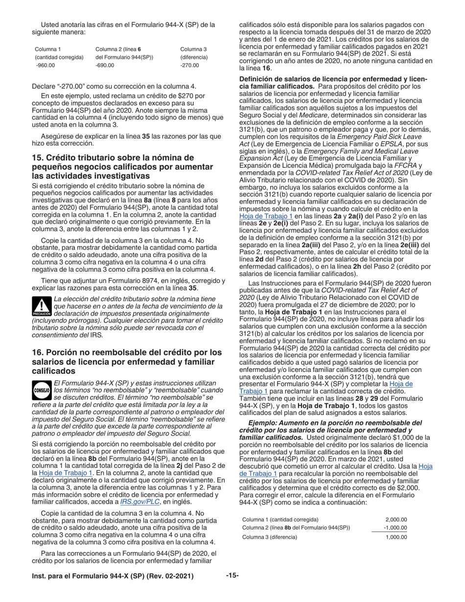 Instrucciones para IRS Formulario 944-X (SP) Ajuste a La Declaracion Federal Anual Del Empleador O Reclamacion De Reembolso (Spanish), Page 15