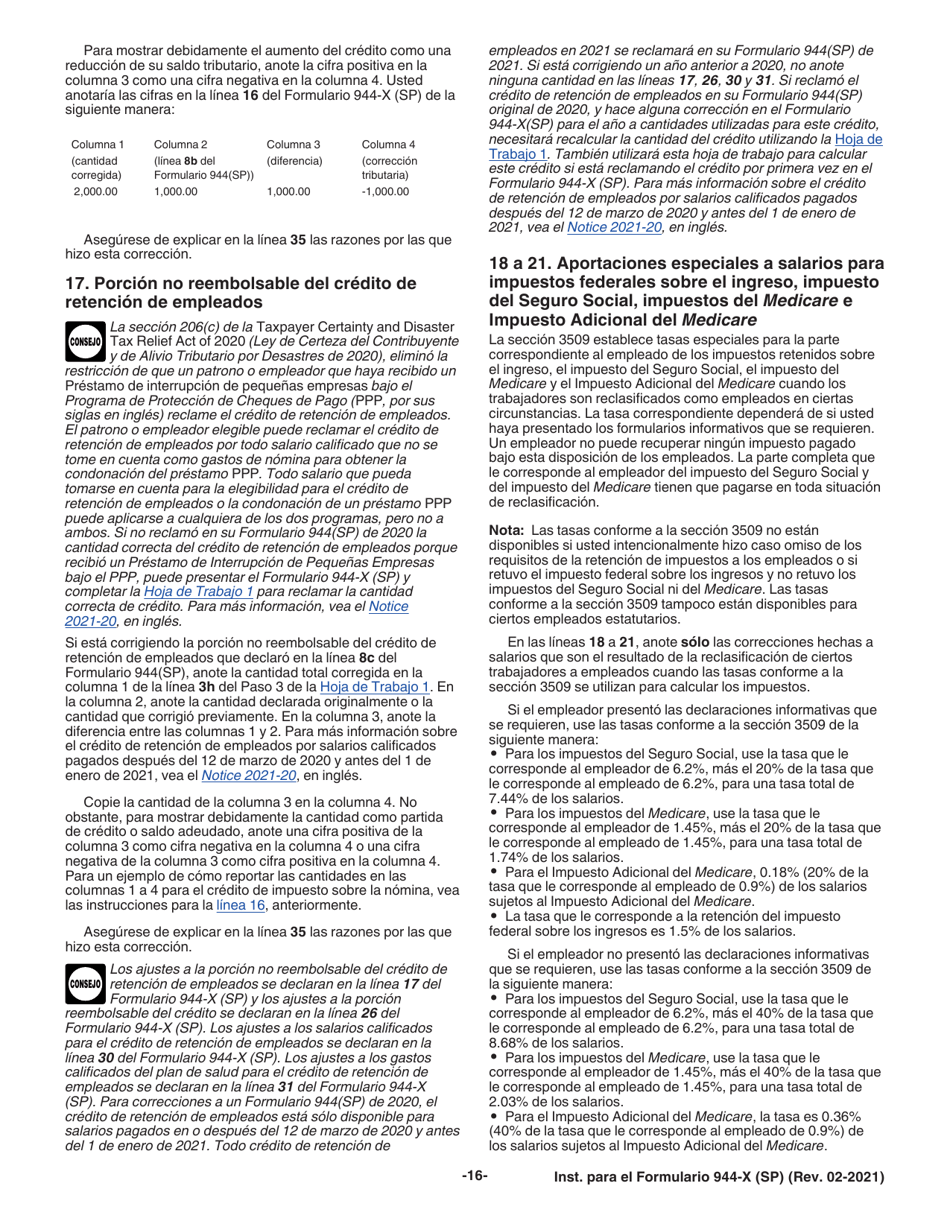 Instrucciones para IRS Formulario 944-X (SP) Ajuste a La Declaracion Federal Anual Del Empleador O Reclamacion De Reembolso (Spanish), Page 16
