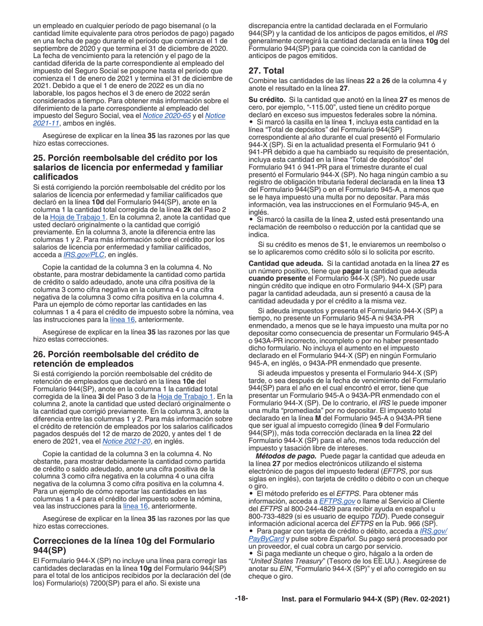 Instrucciones para IRS Formulario 944-X (SP) Ajuste a La Declaracion Federal Anual Del Empleador O Reclamacion De Reembolso (Spanish), Page 18