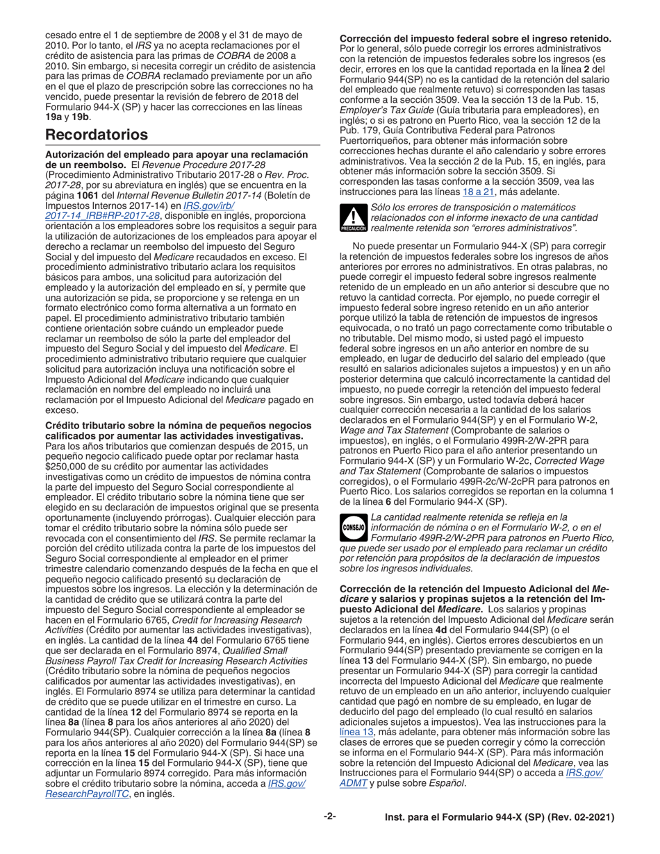 Instrucciones para IRS Formulario 944-X (SP) Ajuste a La Declaracion Federal Anual Del Empleador O Reclamacion De Reembolso (Spanish), Page 2