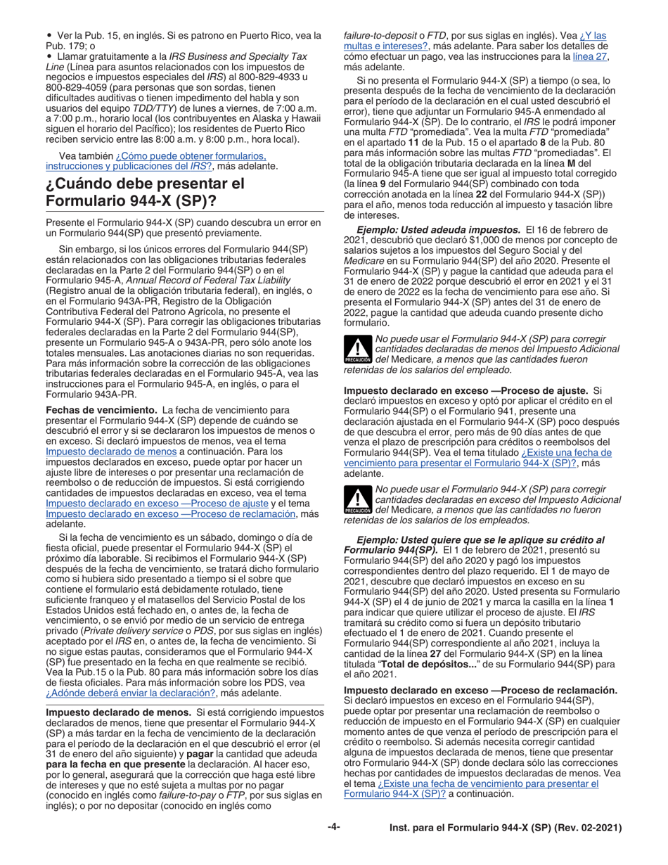 Instrucciones para IRS Formulario 944-X (SP) Ajuste a La Declaracion Federal Anual Del Empleador O Reclamacion De Reembolso (Spanish), Page 4