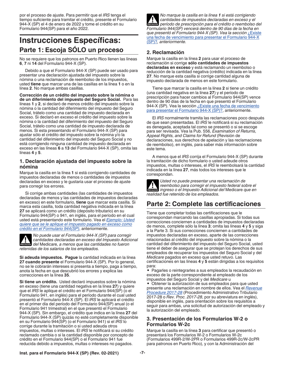 Instrucciones para IRS Formulario 944-X (SP) Ajuste a La Declaracion Federal Anual Del Empleador O Reclamacion De Reembolso (Spanish), Page 7