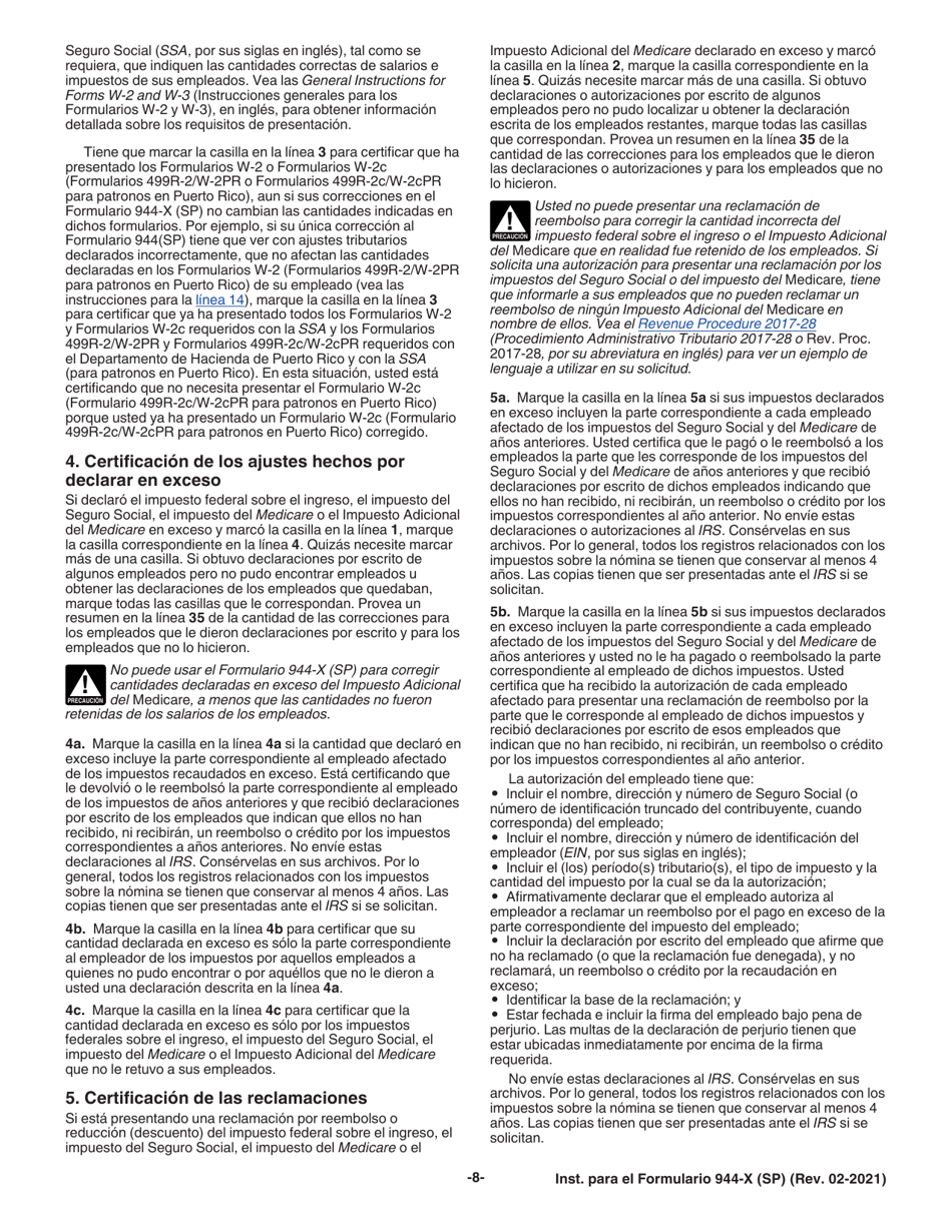 Instrucciones para IRS Formulario 944-X (SP) Ajuste a La Declaracion Federal Anual Del Empleador O Reclamacion De Reembolso (Spanish), Page 8
