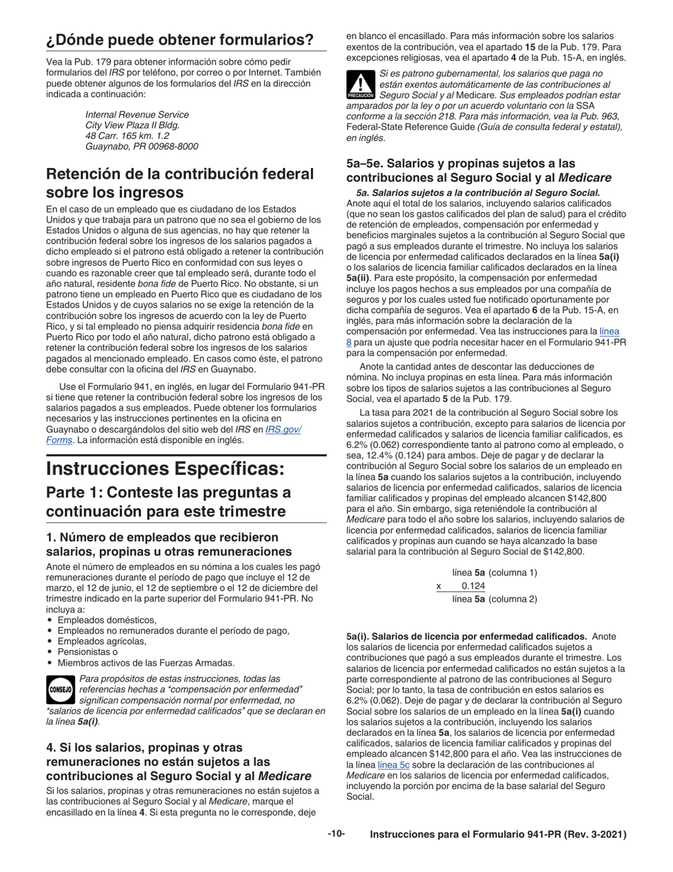 Instrucciones para IRS Formulario 941-PR Planilla Para La Declaracion Federal Trimestral Del Patrono (Puerto Rican Spanish), Page 10