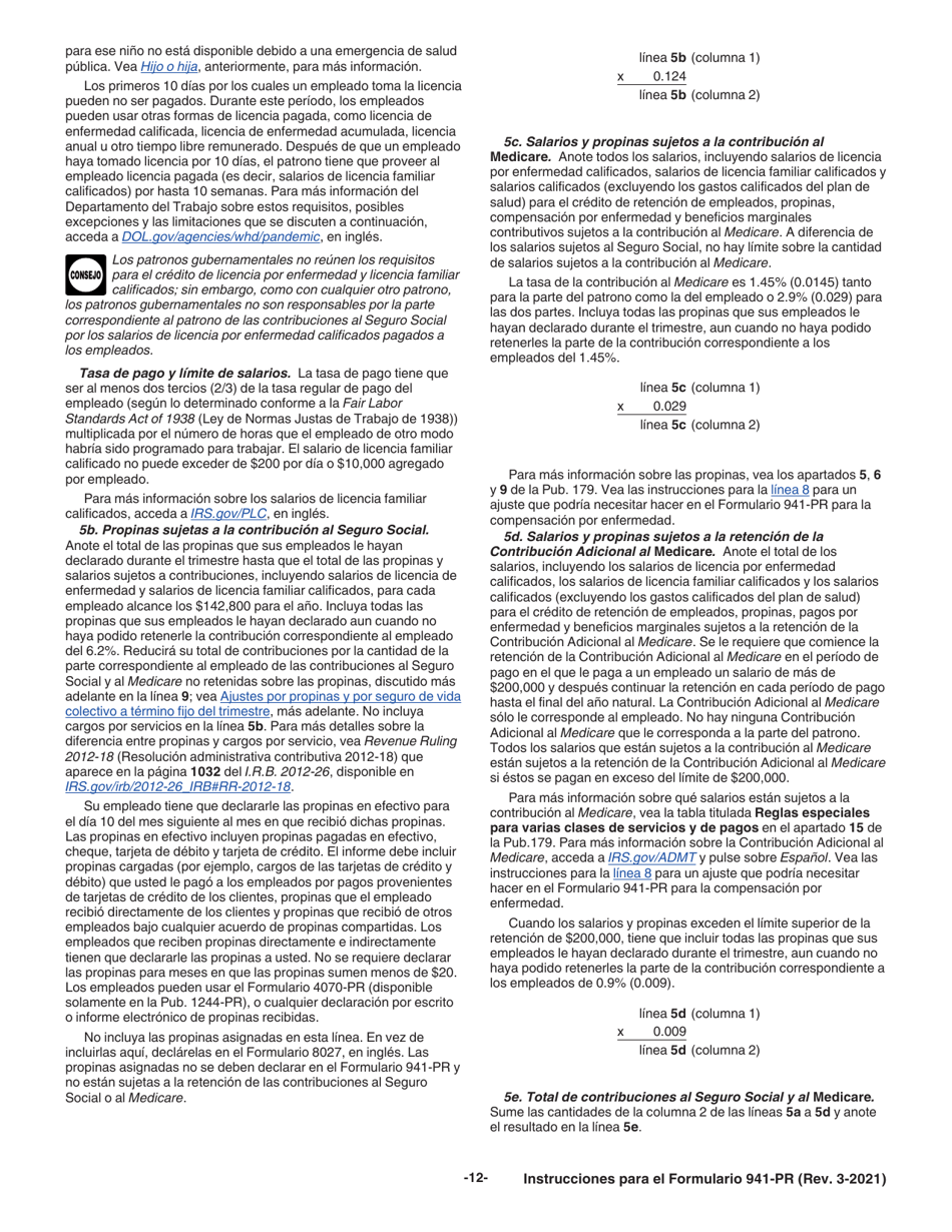 Instrucciones para IRS Formulario 941-PR Planilla Para La Declaracion Federal Trimestral Del Patrono (Puerto Rican Spanish), Page 12
