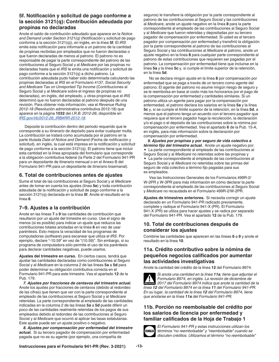 Instrucciones para IRS Formulario 941-PR Planilla Para La Declaracion Federal Trimestral Del Patrono (Puerto Rican Spanish), Page 13