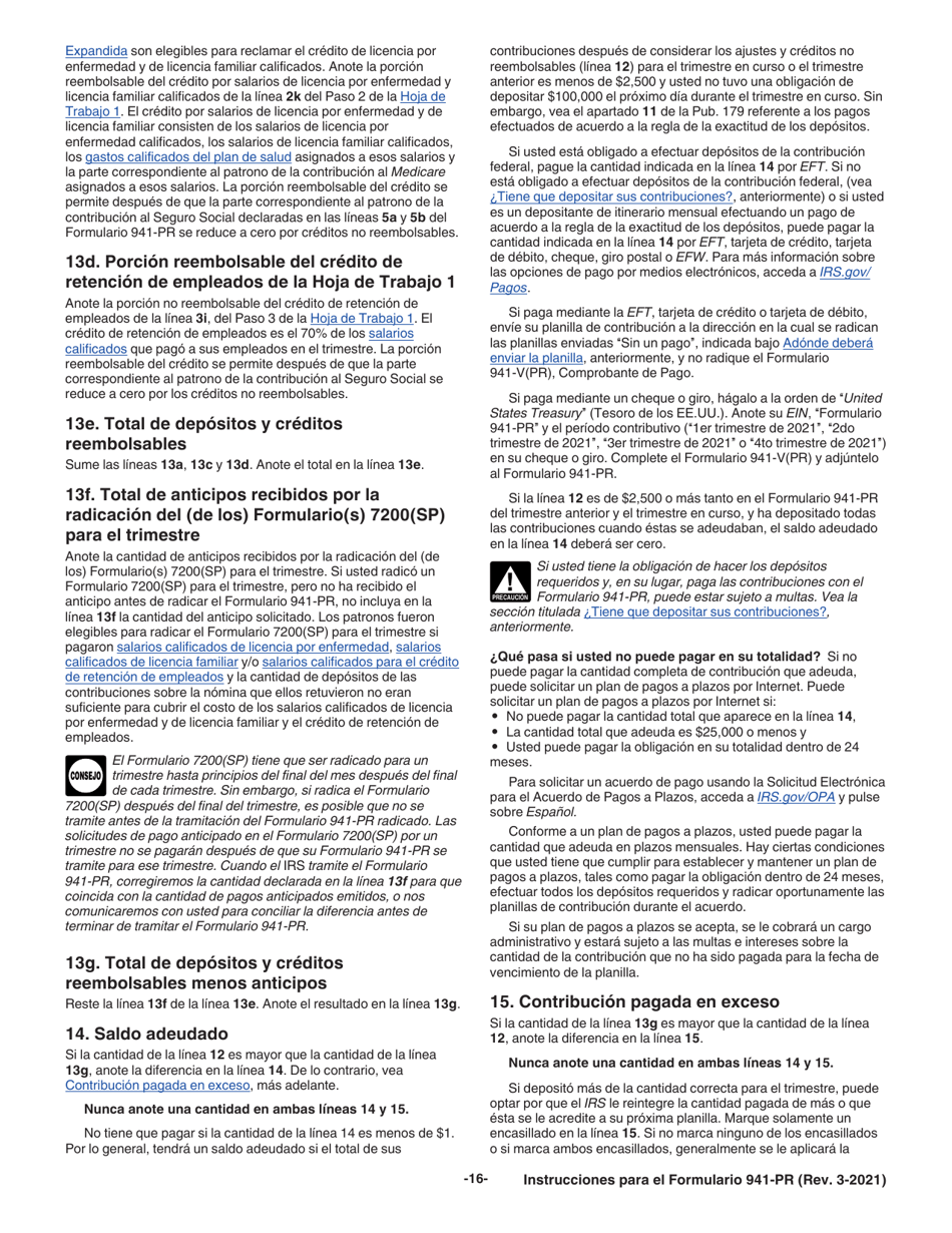 Instrucciones para IRS Formulario 941-PR Planilla Para La Declaracion Federal Trimestral Del Patrono (Puerto Rican Spanish), Page 16