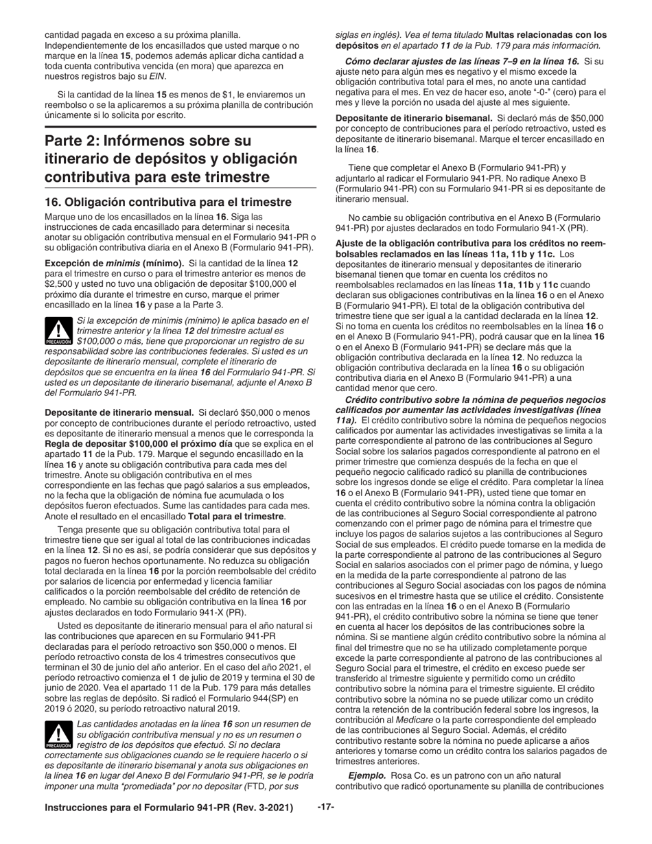 Instrucciones para IRS Formulario 941-PR Planilla Para La Declaracion Federal Trimestral Del Patrono (Puerto Rican Spanish), Page 17