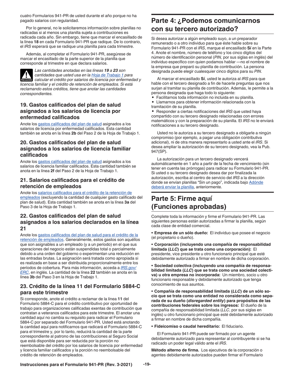 Instrucciones para IRS Formulario 941-PR Planilla Para La Declaracion Federal Trimestral Del Patrono (Puerto Rican Spanish), Page 19