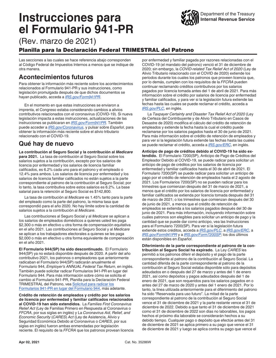 Instrucciones para IRS Formulario 941-PR Planilla Para La Declaracion Federal Trimestral Del Patrono (Puerto Rican Spanish), Page 1