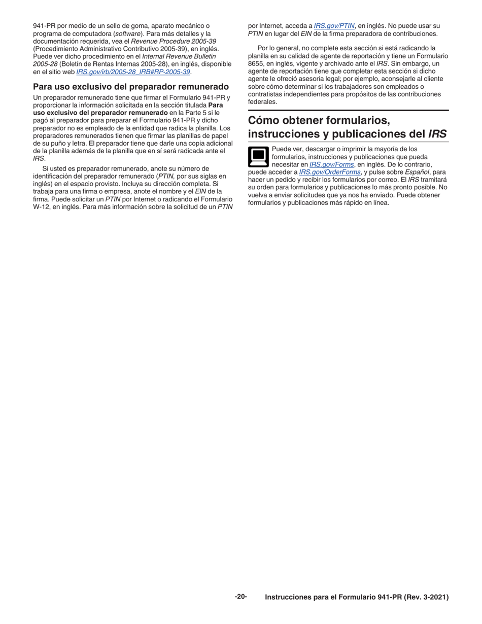 Instrucciones para IRS Formulario 941-PR Planilla Para La Declaracion Federal Trimestral Del Patrono (Puerto Rican Spanish), Page 20