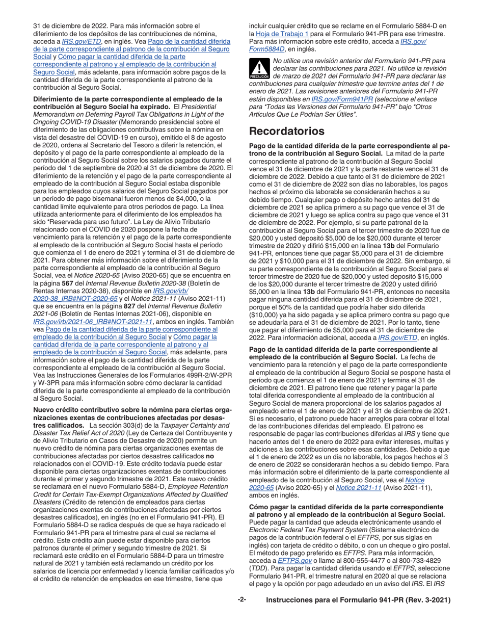 Instrucciones para IRS Formulario 941-PR Planilla Para La Declaracion Federal Trimestral Del Patrono (Puerto Rican Spanish), Page 2