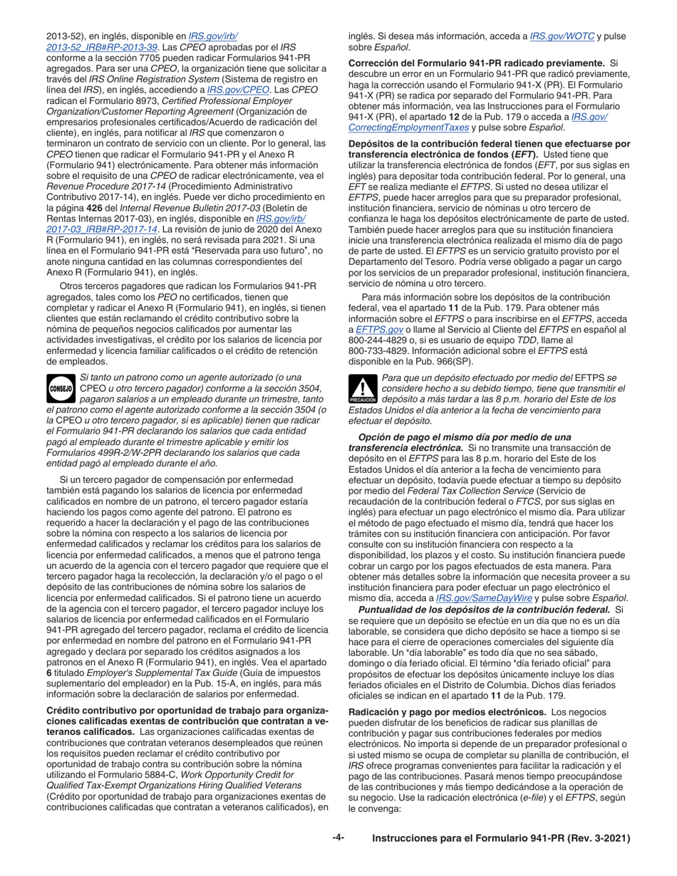 Instrucciones para IRS Formulario 941-PR Planilla Para La Declaracion Federal Trimestral Del Patrono (Puerto Rican Spanish), Page 4