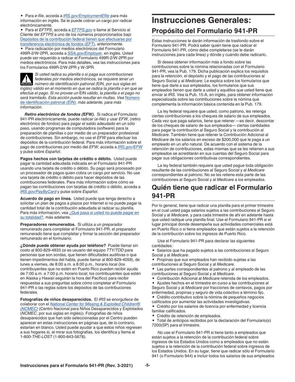 Instrucciones para IRS Formulario 941-PR Planilla Para La Declaracion Federal Trimestral Del Patrono (Puerto Rican Spanish), Page 5