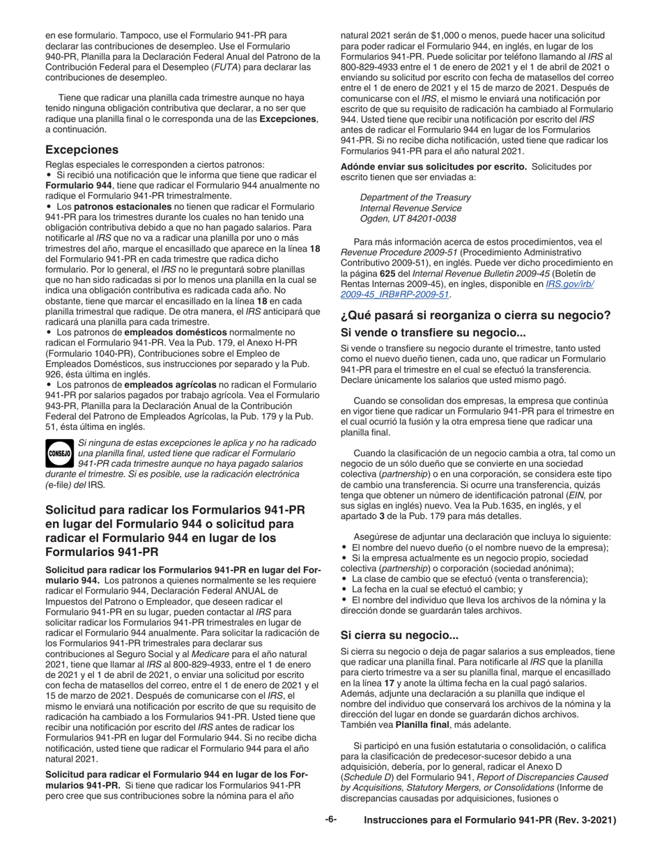 Instrucciones para IRS Formulario 941-PR Planilla Para La Declaracion Federal Trimestral Del Patrono (Puerto Rican Spanish), Page 6
