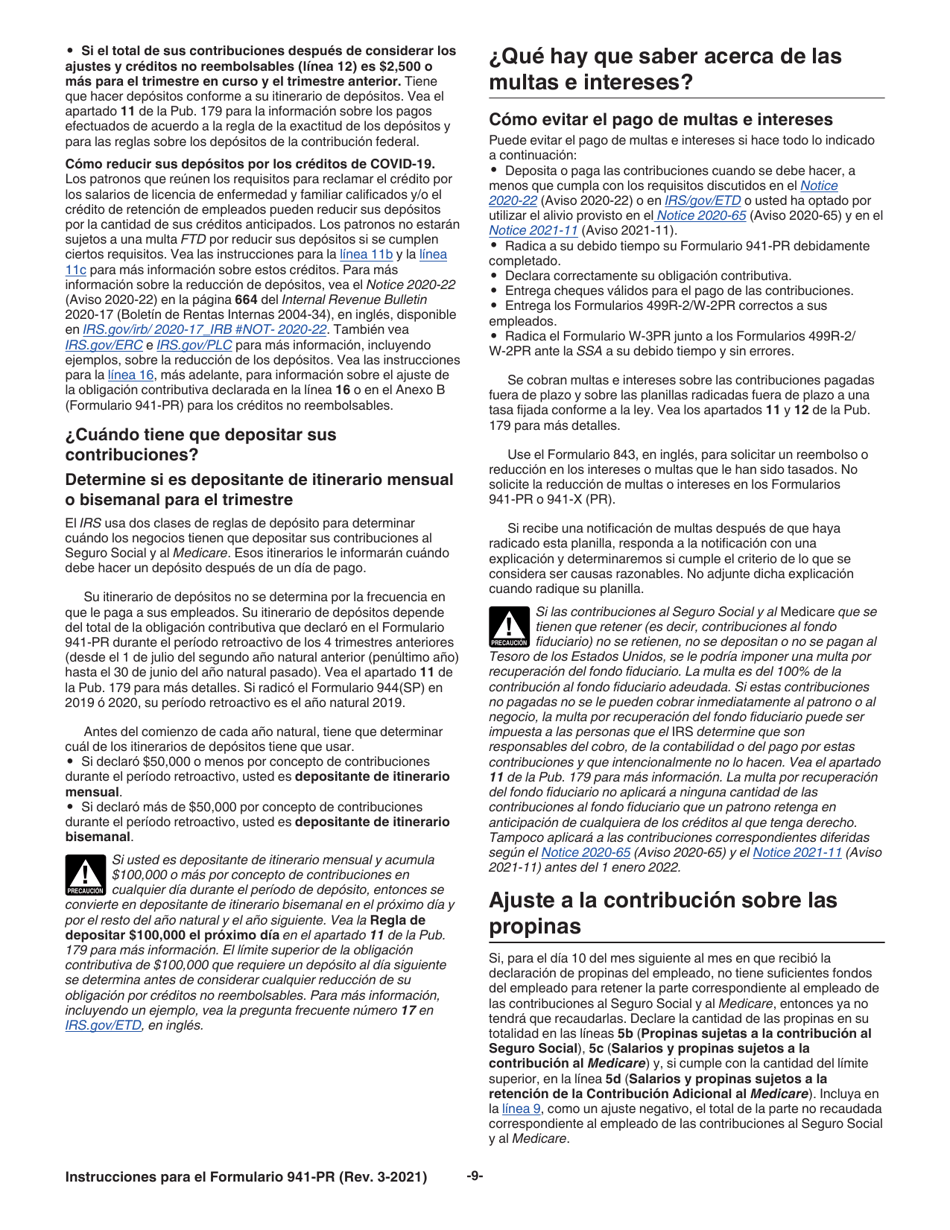 Instrucciones para IRS Formulario 941-PR Planilla Para La Declaracion Federal Trimestral Del Patrono (Puerto Rican Spanish), Page 9