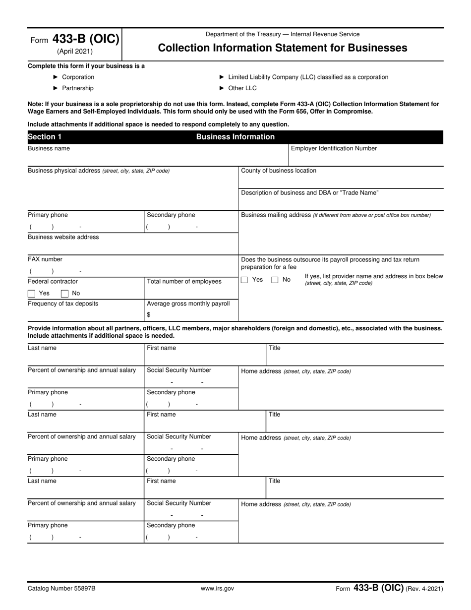 IRS Form 433-B (OIC) Download Fillable PDF Or Fill Online Collection ...