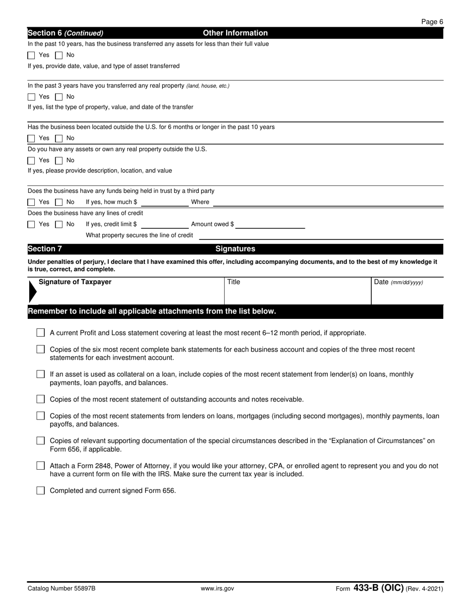 IRS Form 433-B (OIC) Collection Information Statement for Businesses, Page 6