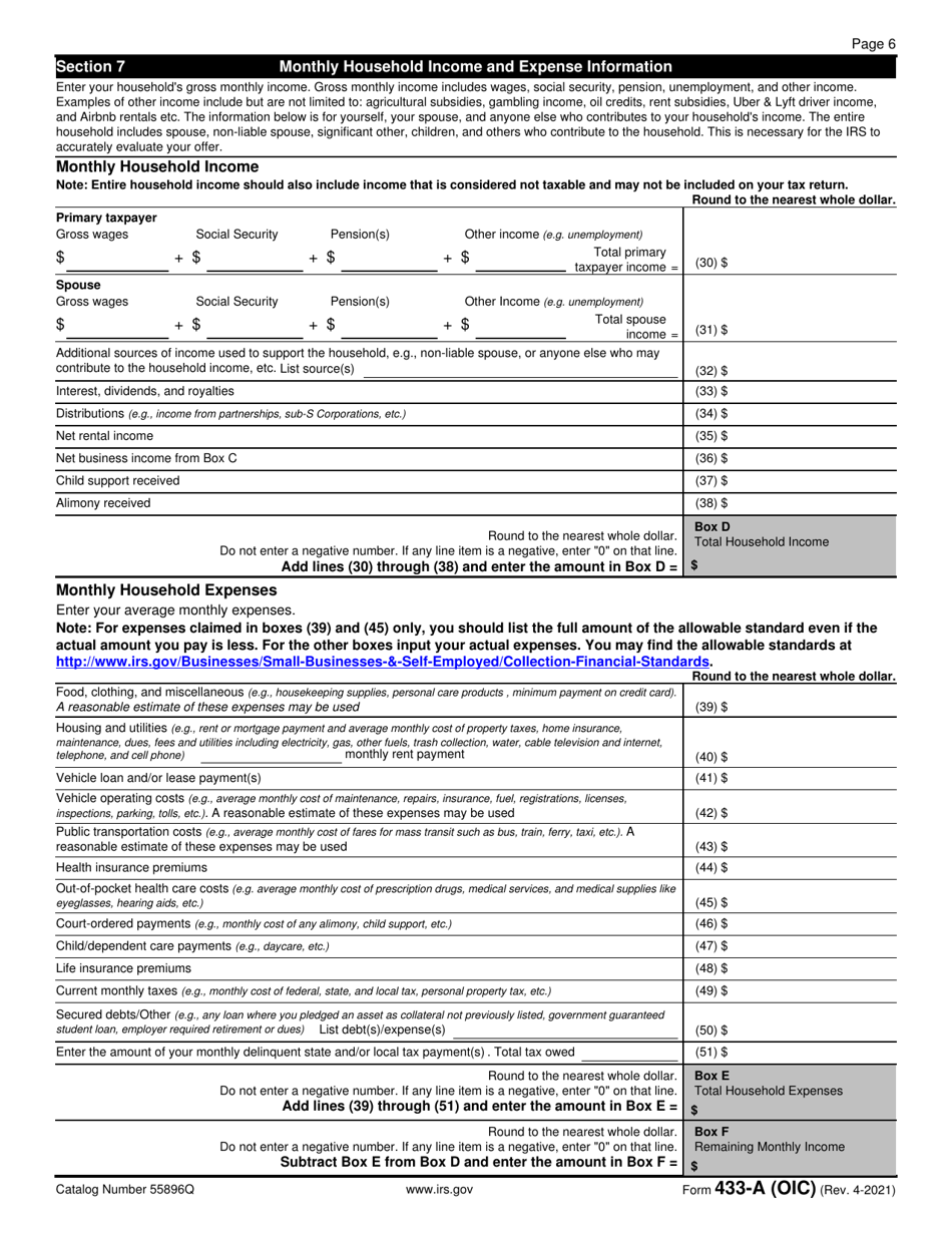IRS Form 433-A (OIC) Collection Information Statement for Wage Earners and Self-employed Individuals, Page 6