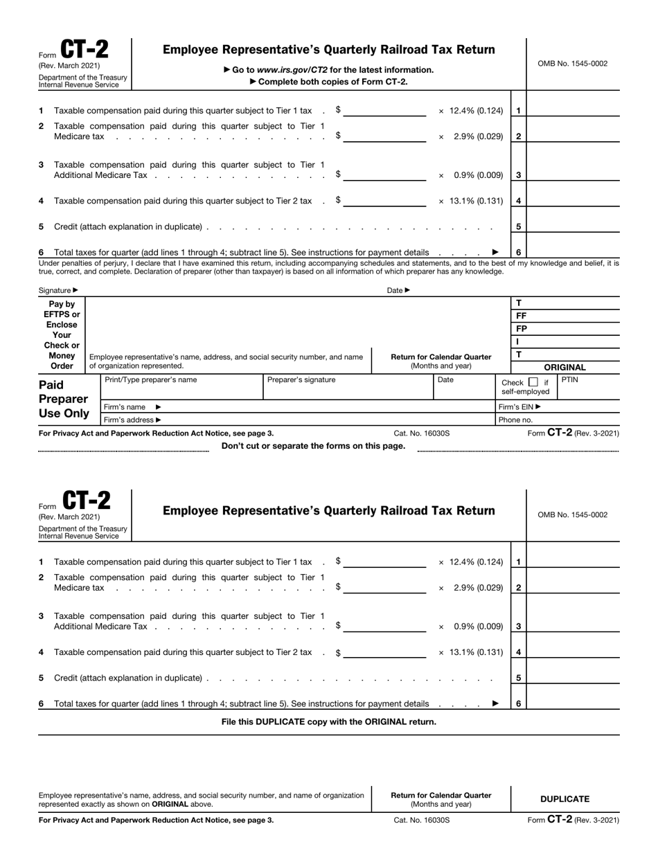 IRS Form CT-2 Employee Representatives Quarterly Railroad Tax Return, Page 1
