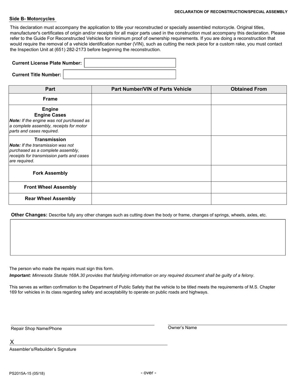 Form PS2015A-15 Declaration of Reconstruction / Special Assembly - Minnesota, Page 2