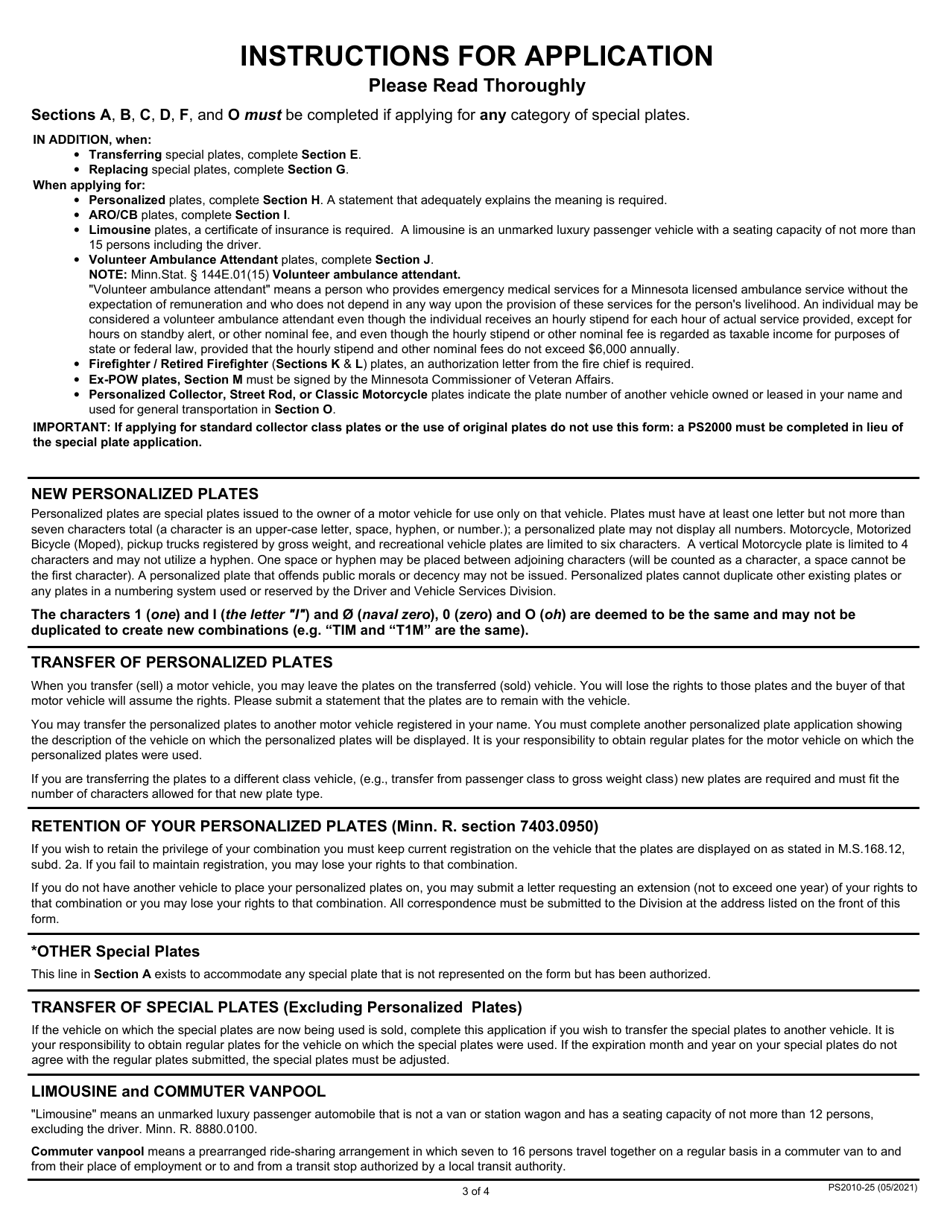 Form PS2010 application for Special Plates - Minnesota, Page 3