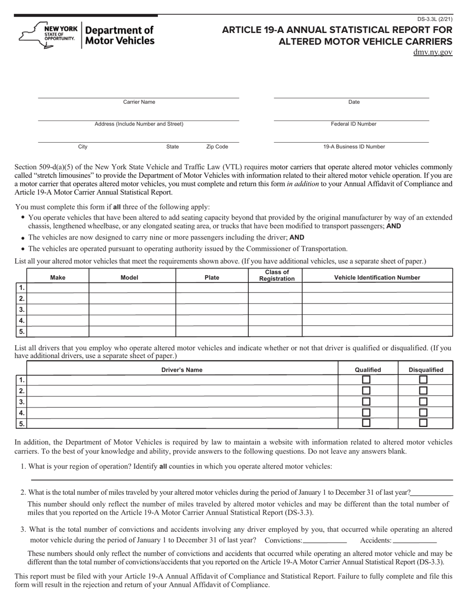 Form DS-3.3L Article 19-a Annual Statistical Report for Altered Motor Vehicle Carriers - New York, Page 1