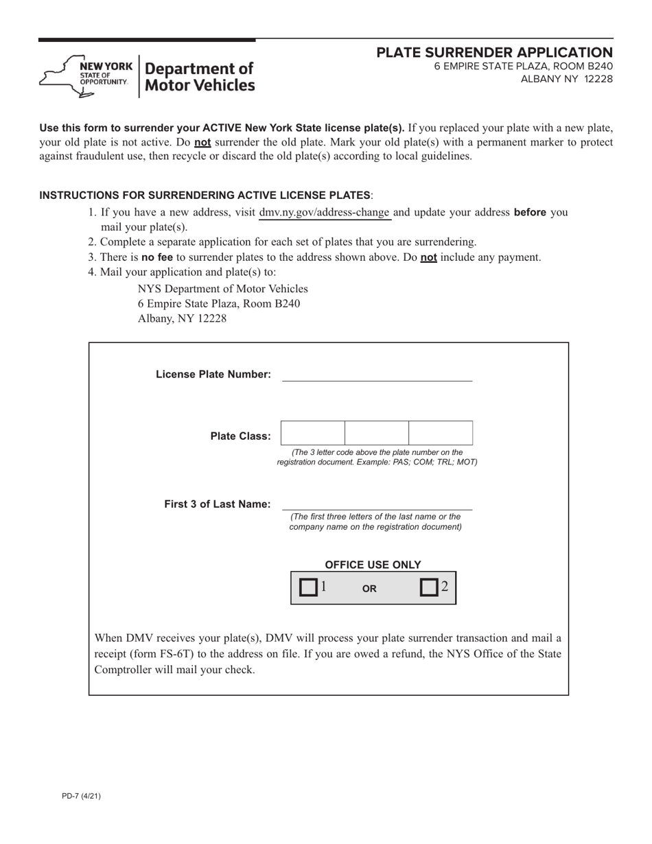 Form PD-7 Plate Surrender Application - New York, Page 1