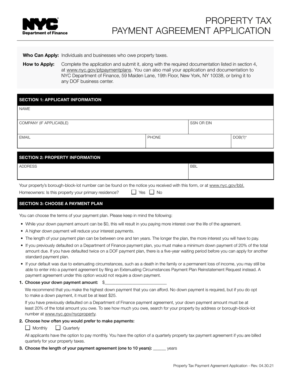 New York City Property Tax Payment Agreement Application Fill Out