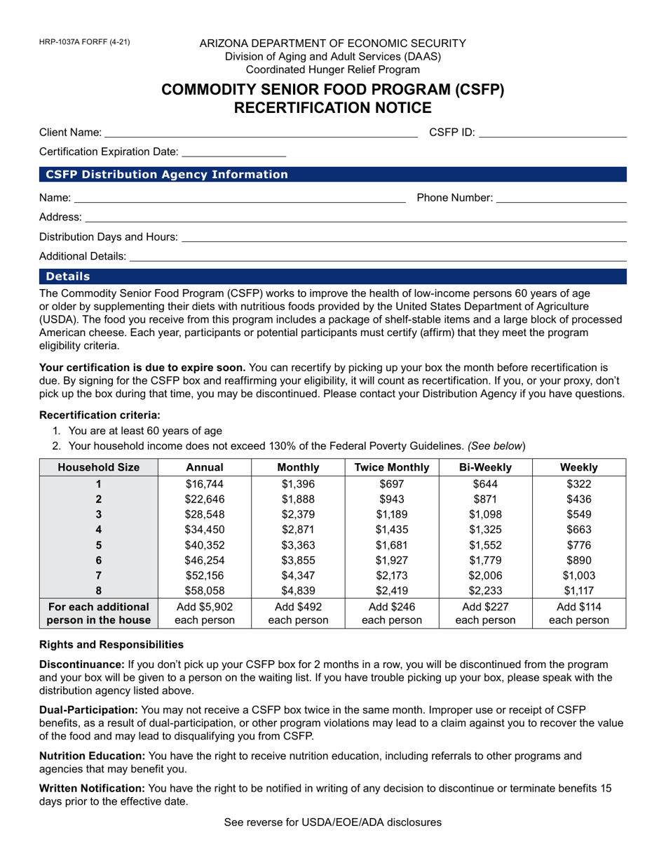 Form HRP-1037A Commodity Senior Food Program (Csfp) Recertification Notice - Arizona, Page 1