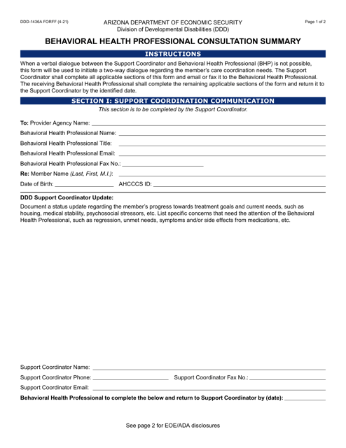 Form DDD-1436A Behavioral Health Professional Consultation Summary - Arizona