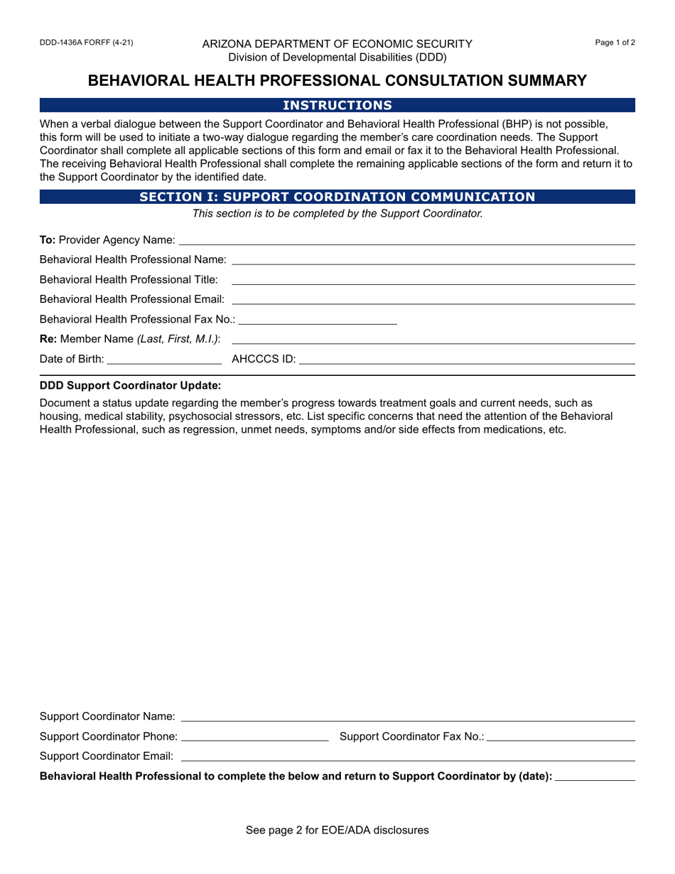 Form DDD-1436A Behavioral Health Professional Consultation Summary - Arizona, Page 1