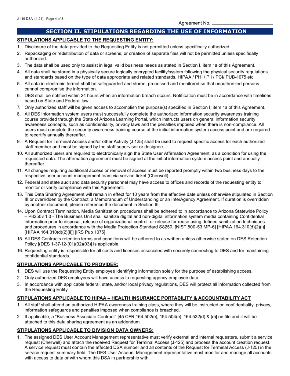 Form J-119 Data Sharing Request / Agreement - Arizona, Page 4