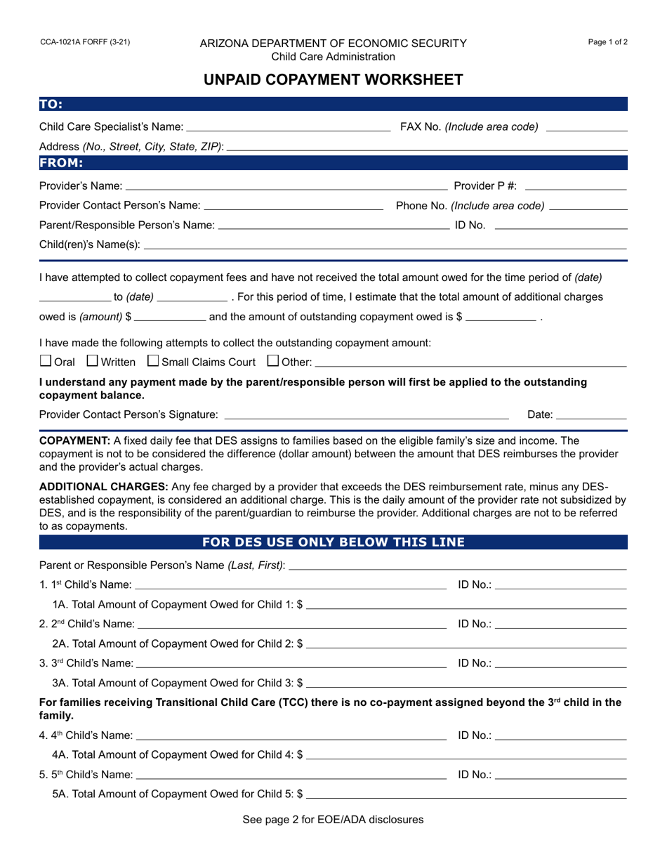 Form CCA-1021A Unpaid Copayment Worksheet - Arizona, Page 1