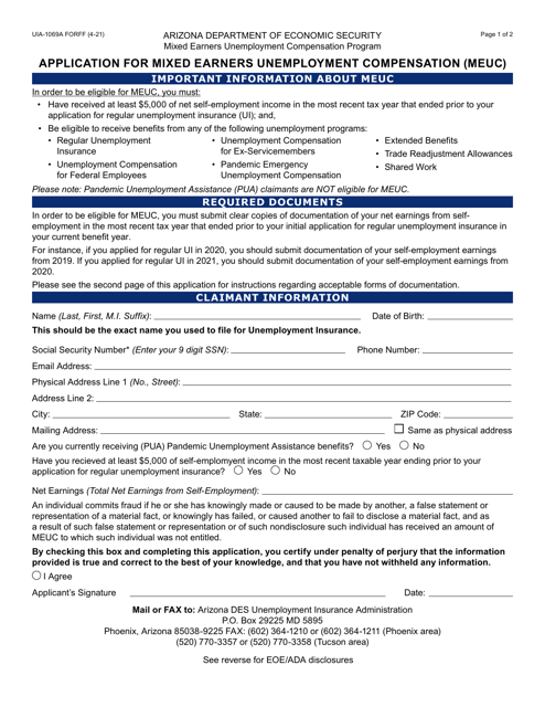 Form UIA-1069A Application for Mixed Earners Unemployment Compensation (Meuc) - Arizona