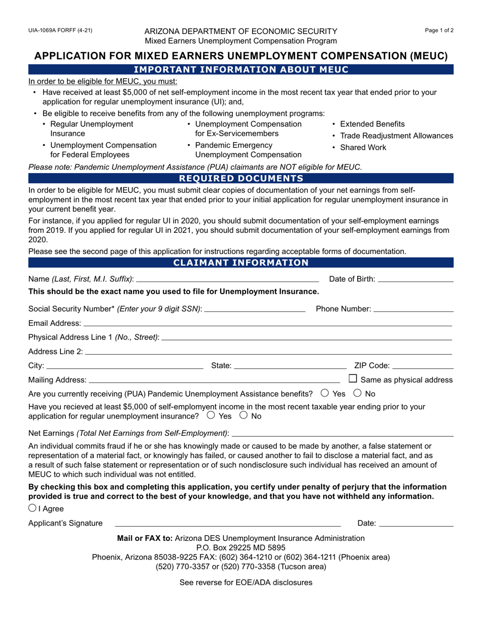Form UIA-1069A Application for Mixed Earners Unemployment Compensation (Meuc) - Arizona, Page 1