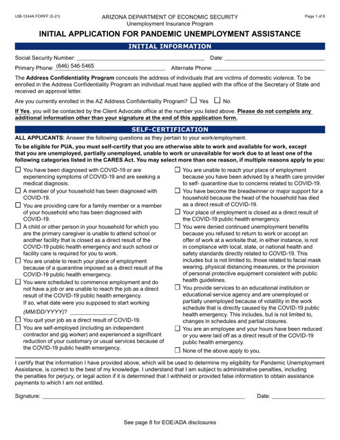 Form UIB-1244A Initial Application for Pandemic Unemployment Assistance - Arizona