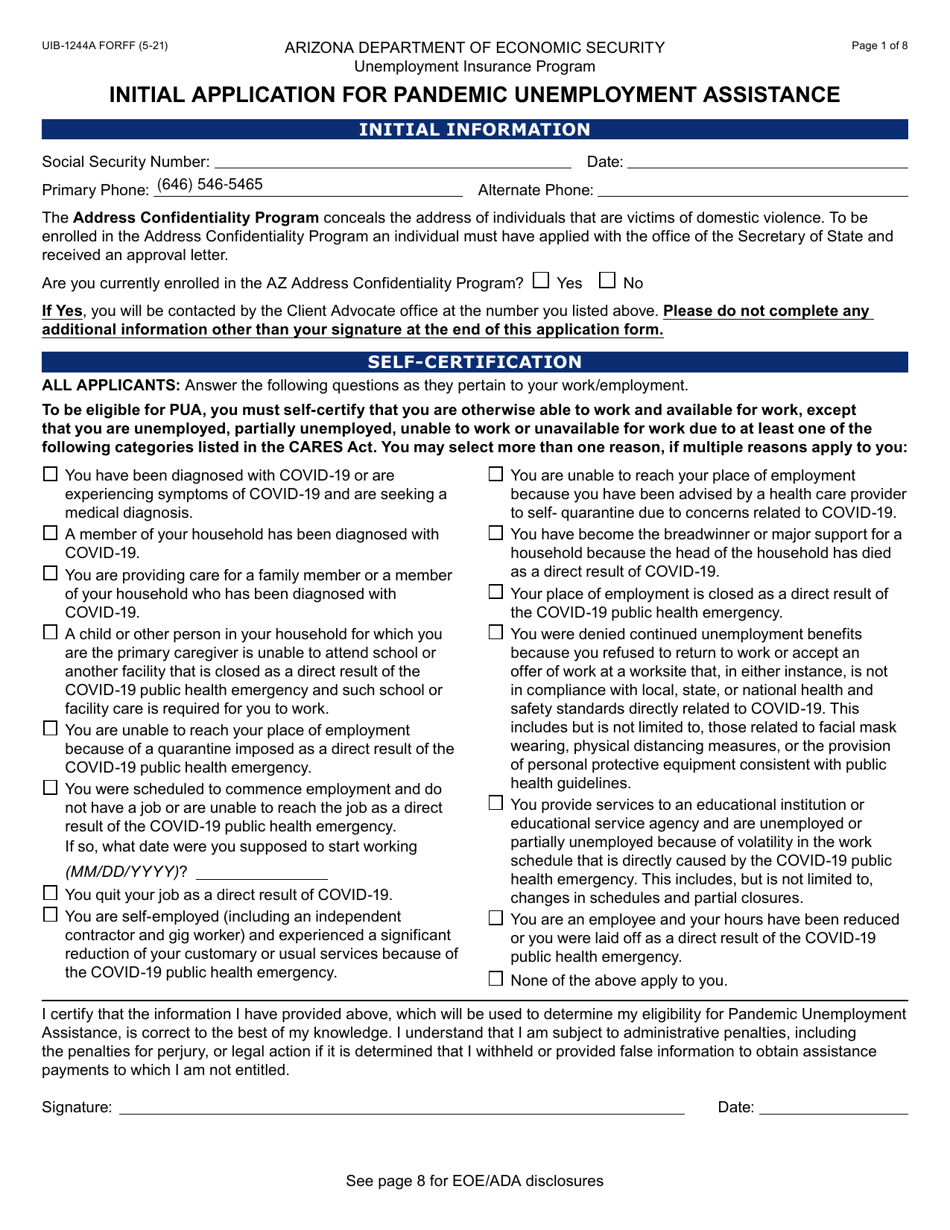 Form UIB-1244A Initial Application for Pandemic Unemployment Assistance - Arizona, Page 1