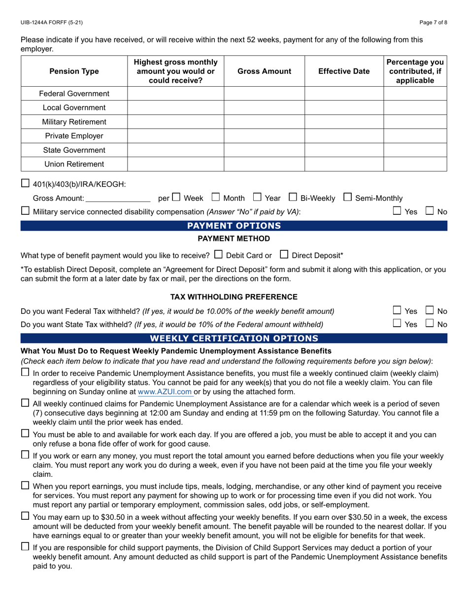 Form UIB-1244A Initial Application for Pandemic Unemployment Assistance - Arizona, Page 7