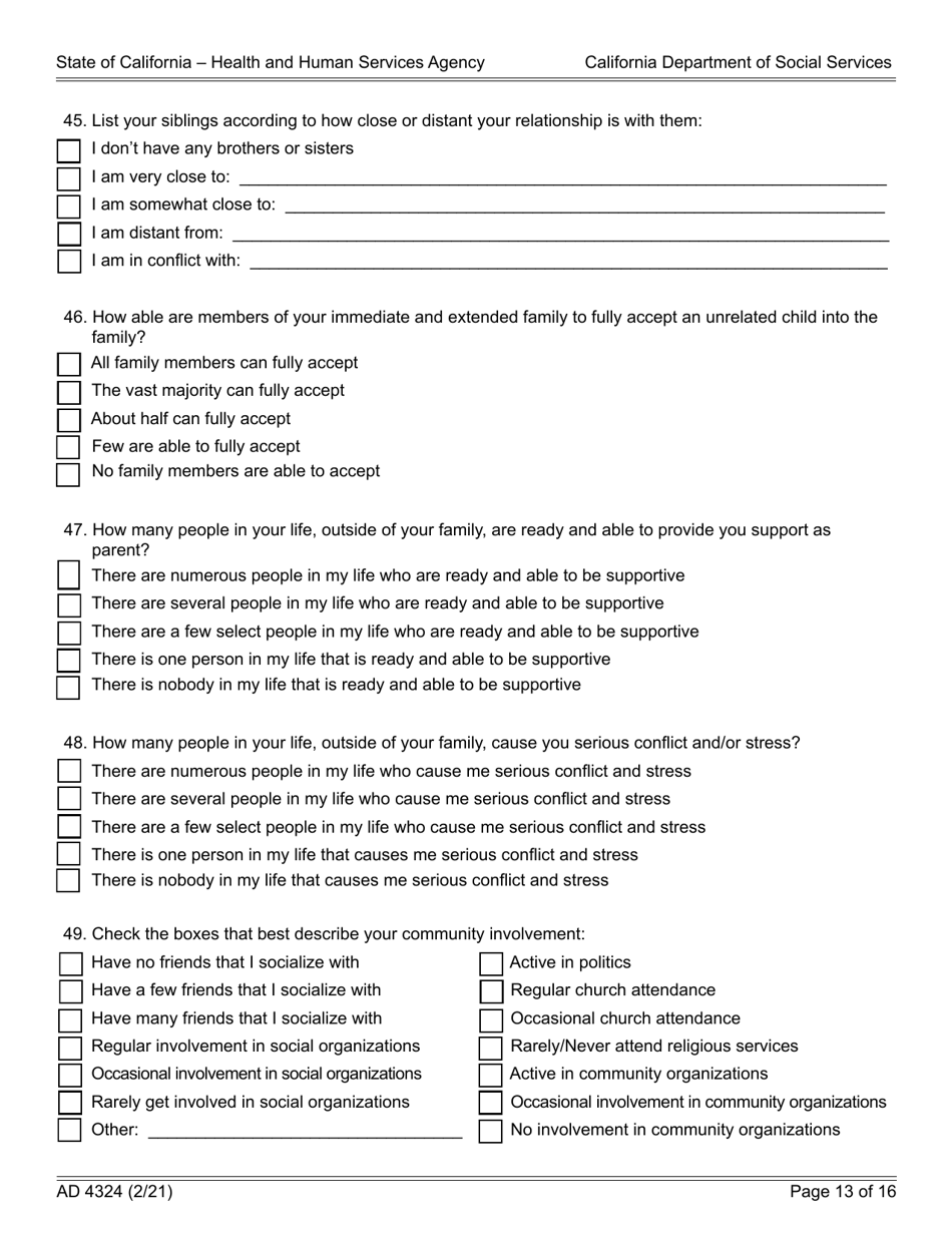 Form AD4324 Adoption Questionnaire I - California, Page 13