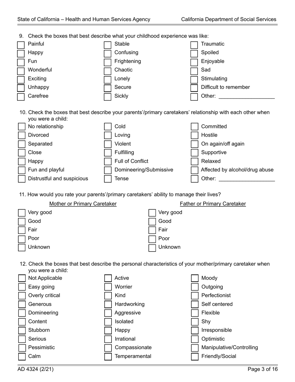 Form AD4324 Adoption Questionnaire I - California, Page 3
