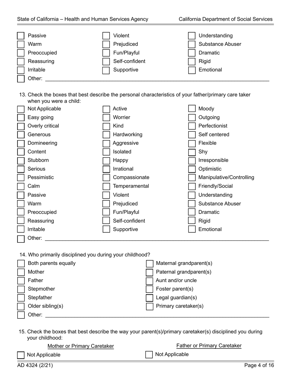 Form AD4324 Adoption Questionnaire I - California, Page 4