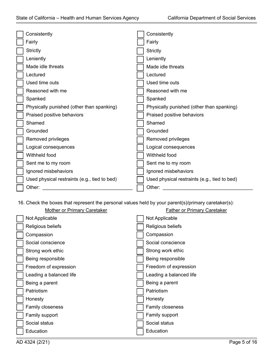Form AD4324 Adoption Questionnaire I - California, Page 5