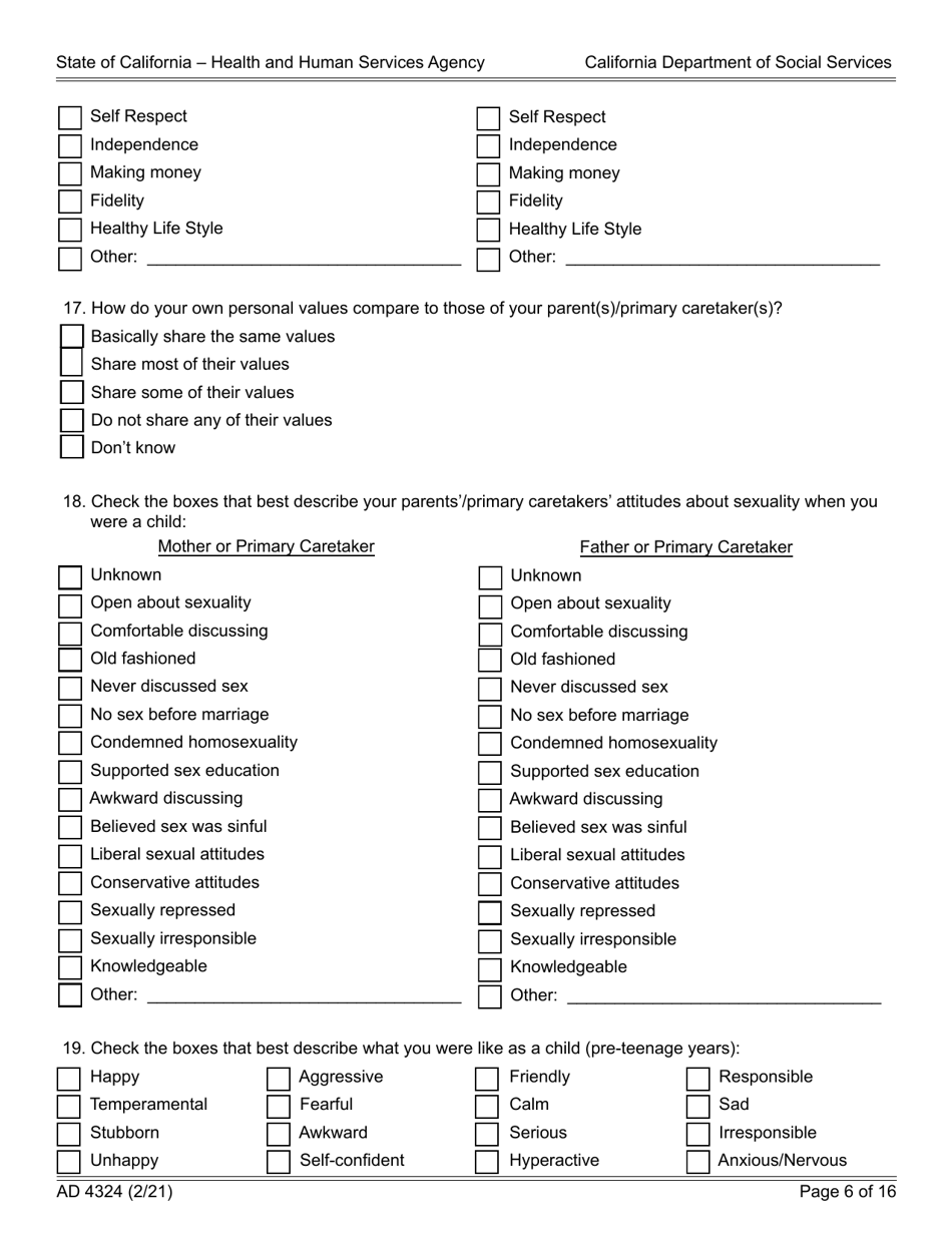 Form AD4324 Adoption Questionnaire I - California, Page 6