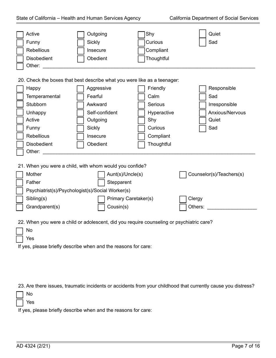 Form AD4324 Adoption Questionnaire I - California, Page 7