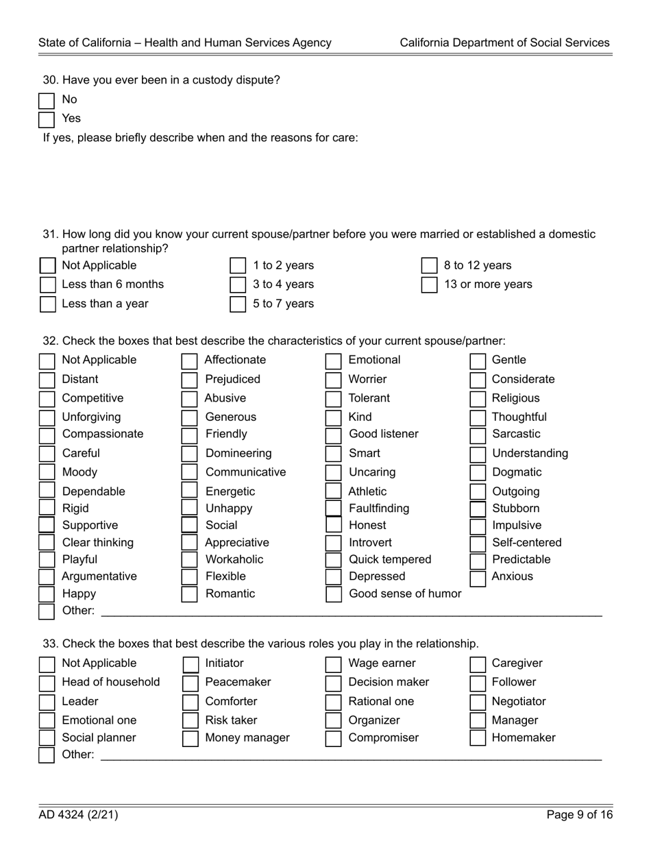 Form AD4324 Adoption Questionnaire I - California, Page 9